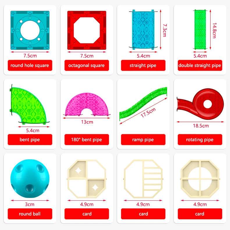 A set of magnetic building blocks featuring various shapes and sizes including a round hole square, octagonal square, straigh