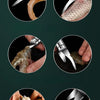 A set of stainless steel tools used for peeling and deveining shrimp, shown in various applications.