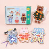 A set of wooden lacing beads and threading board toys featuring various animal figures for toddlers.