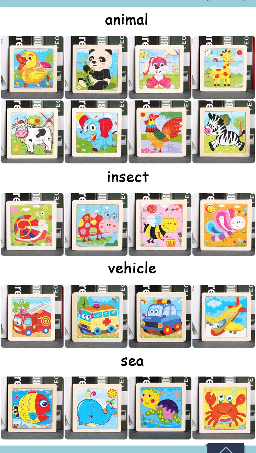 A set of wooden 3D dinosaur puzzles featuring various animals, insects, vehicles, and sea creatures.