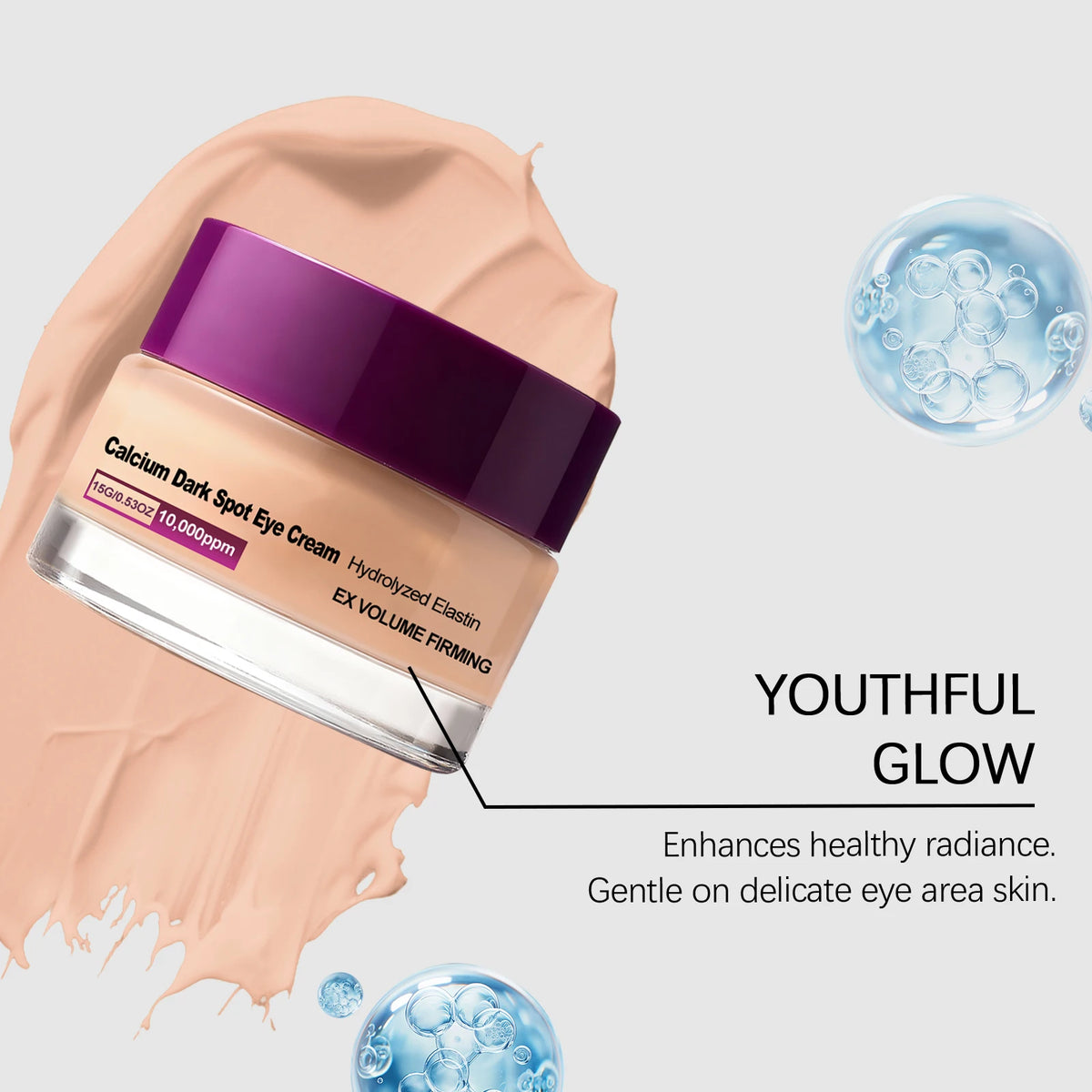 A glass jar of Calcium Dark Spot Eye Cream is shown next to a translucent skin texture and a droplet of blue serum, emphasizi