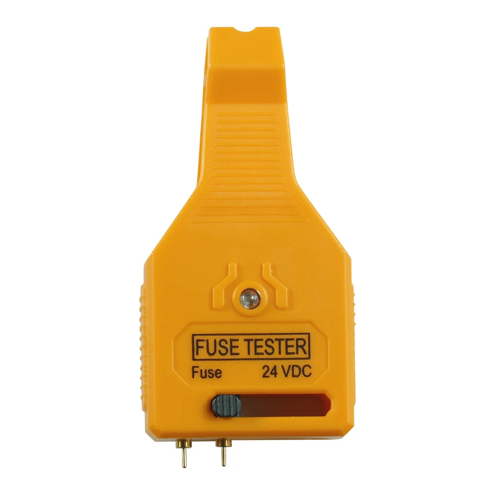 A yellow automotive fuse tester and puller tool with a plastic body and two metal probes.