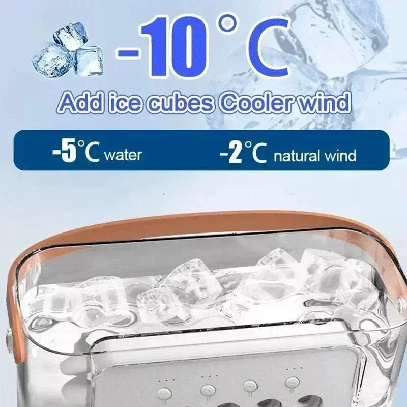 A personal air cooler device filled with ice cubes, showing a fan and humidifier function.