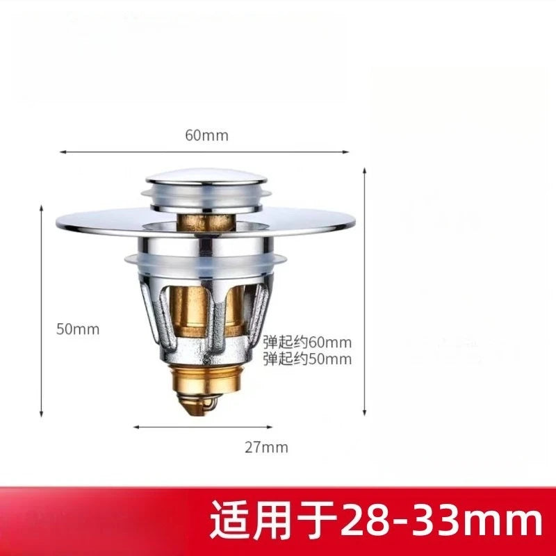 A silver push-type drain stopper with a threaded base, shown with dimensions of 60mm and 50mm.