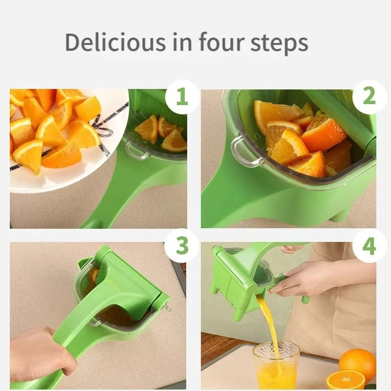 Fire trinn for å bruke en manuell sitrus- og fruktpresse til å ekstrahere juice fra appelsiner.