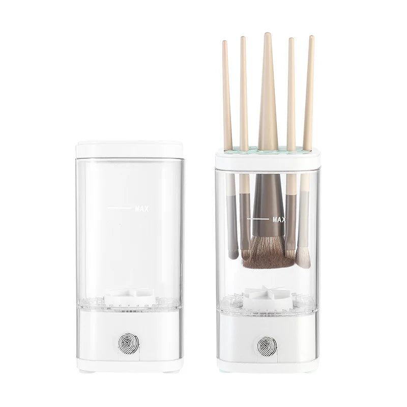 A white electric makeup brush cleaner with several makeup brushes inside, ready for fast air drying.
