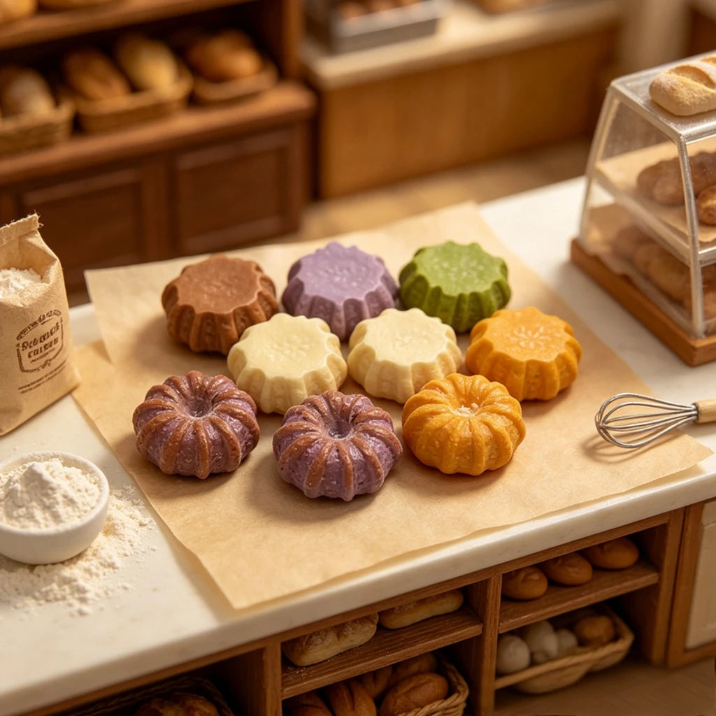 En samling miniatyrbakverk i resin, som småkaker og kaker, utstilt på bakepapir.