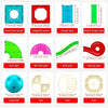 A set of magnetic building blocks featuring various shapes and colors including a round hole square, octagonal square, straig