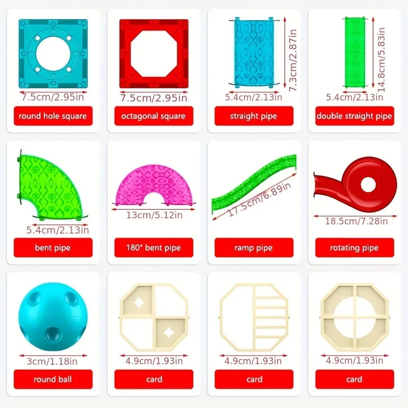 A set of magnetic building blocks featuring various shapes and colors including a round hole square, octagonal square, straig