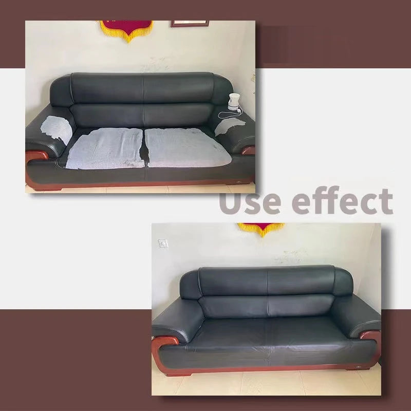 Sillón de cuero negro con un parche blanco de reparación en el cojín.