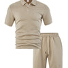 A beige men's casual jacquard short-sleeve shirt and drawstring shorts set.
