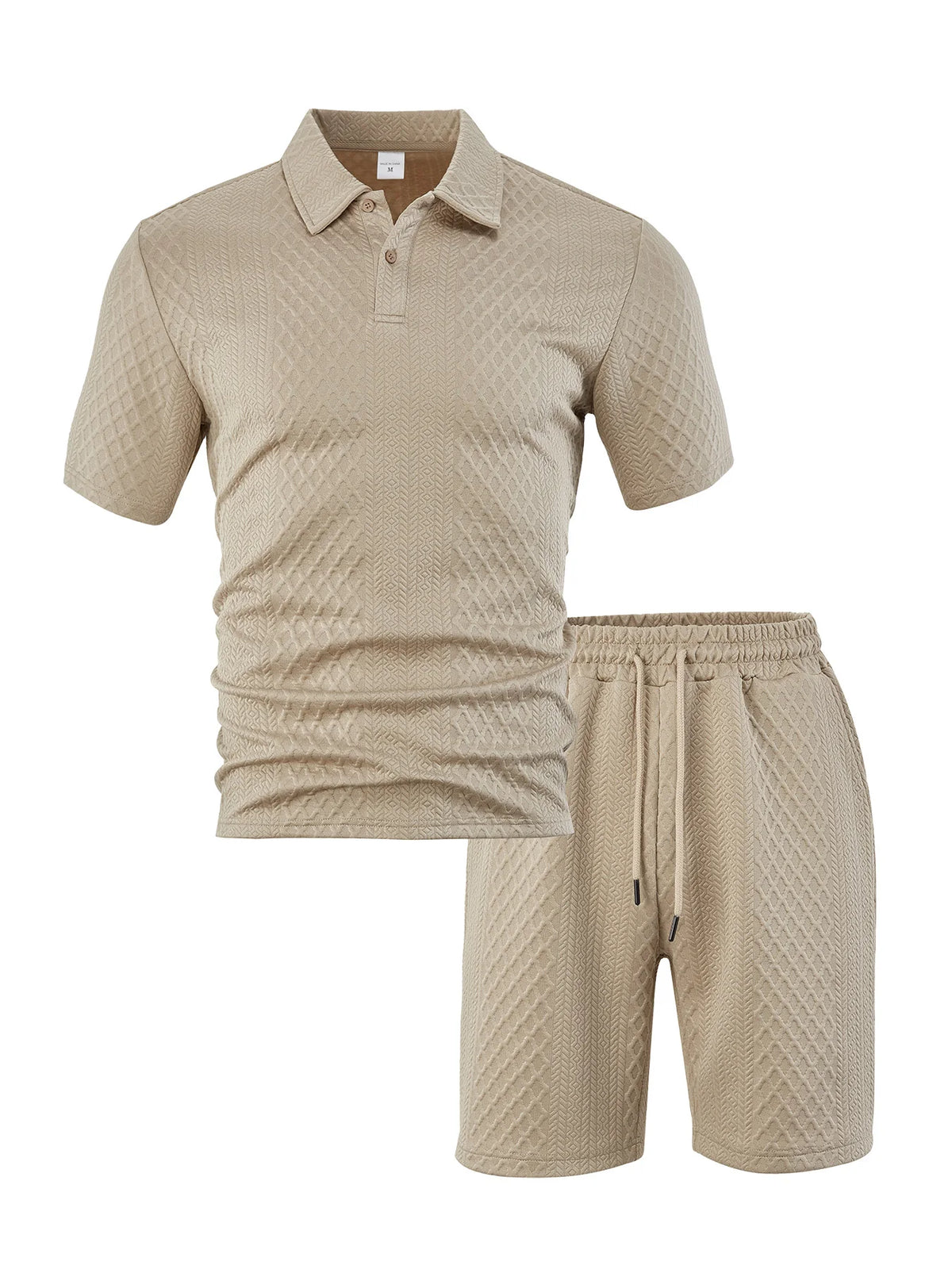 A beige men's casual jacquard short-sleeve shirt and drawstring shorts set.