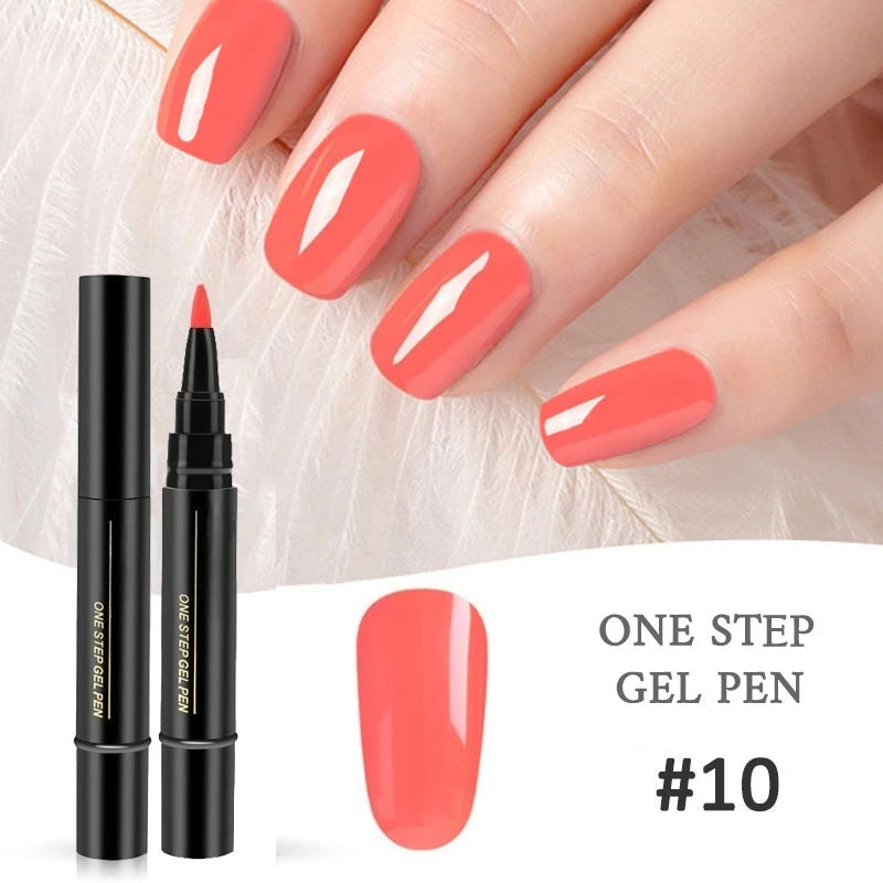 A hand displays bright coral nail art created with a gel pen, showing various nail designs and the product packaging.
