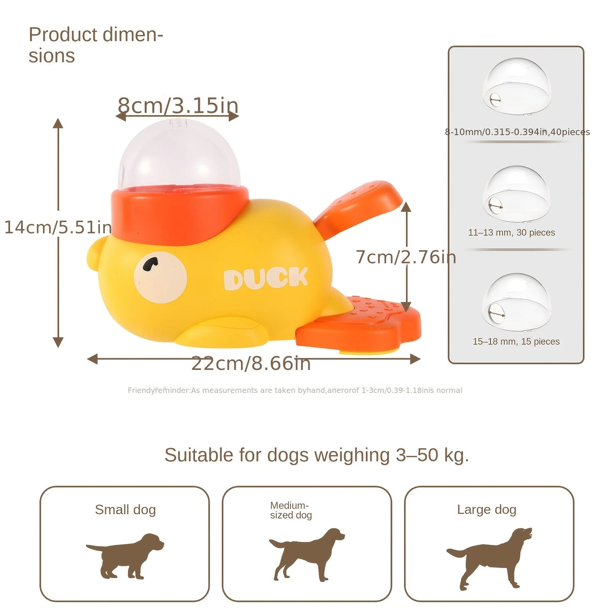 Juguete para perros en forma de pato amarillo, con diseño de comedero lento, apto para perros de 3 a 50 kg.