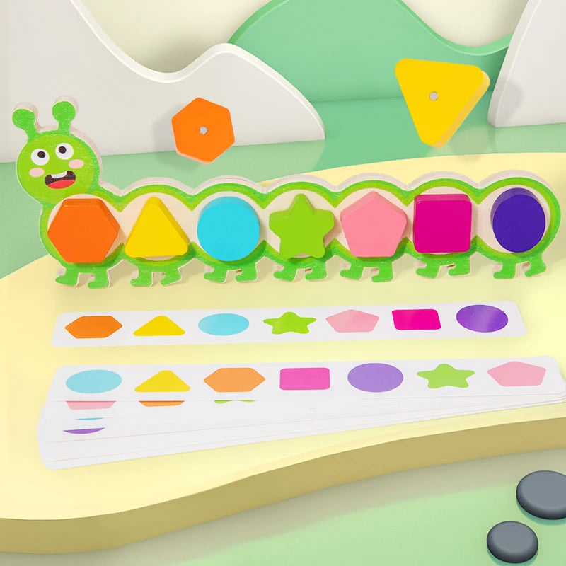 A magnetic caterpillar puzzle toy featuring various colored and shaped pieces for learning.