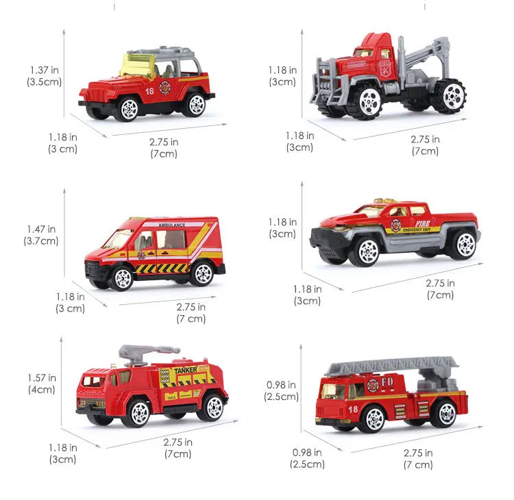 A set of ten die-cast construction trucks and vehicles in red, yellow, and gray colors with various sizes.