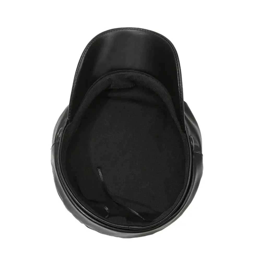 Black PU leather beret hat with an adjustable fit shown from the top view.