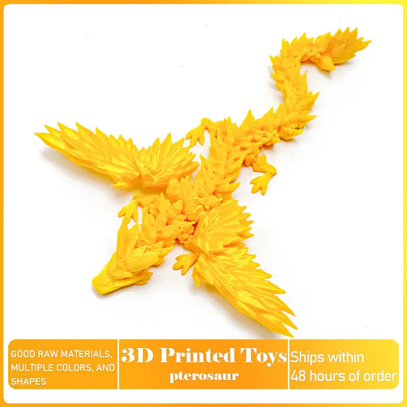 Figurilla de pterosaurio amarillo impresa en 3D con alas texturizadas y cuello largo.