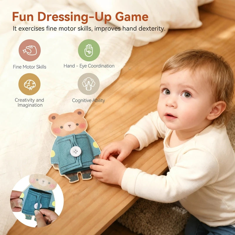 A baby is engaging in a fun dressing-up game with a wooden bear toy on a Montessori busy board.