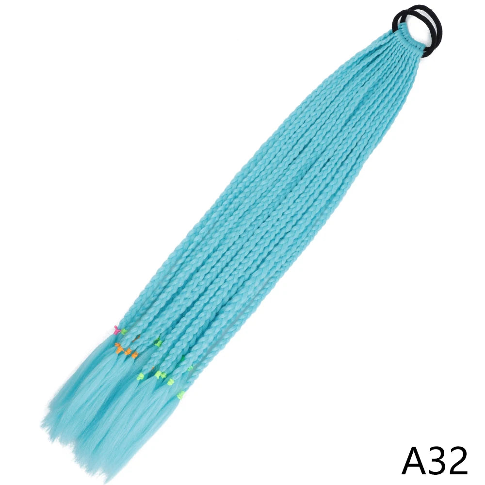 Light blue pre-braided ponytail extension with an elastic band.