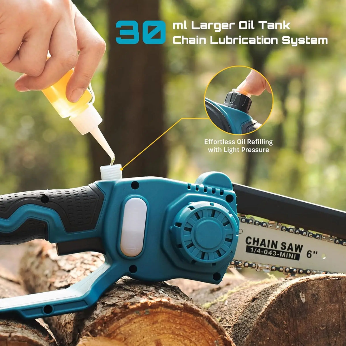 A hand is refilling a 30 ml oil tank for a chain lubrication system on a blue cordless chainsaw.