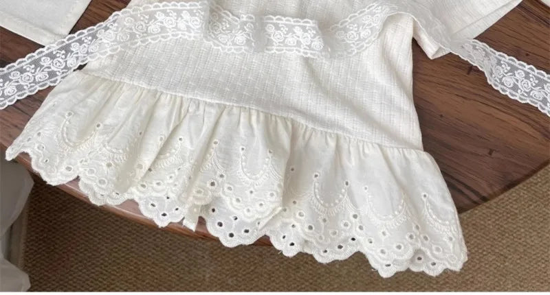 White girls cotton lace short sleeve tee with a ruffled hem and delicate lace trim