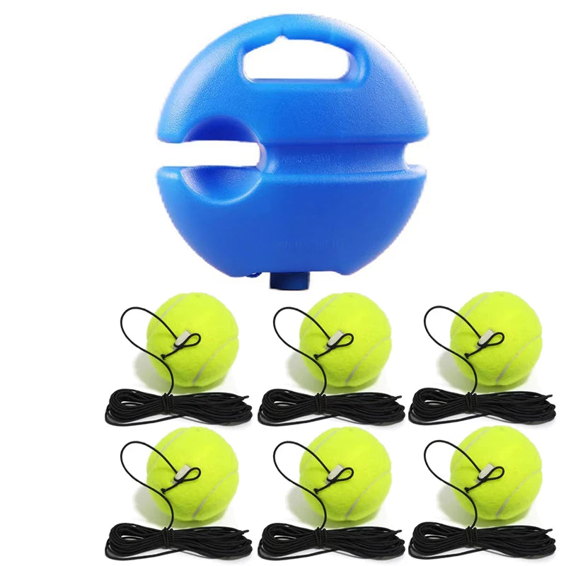 Blå solotennis-trener med elastisk ballretur og svarte elastiske snorer.