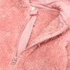 Close-up of a pink faux fur baby fleece hooded romper with a zipper detail.