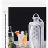A clear plastic bottle mold is shown next to a glass of ice and a wooden tray.