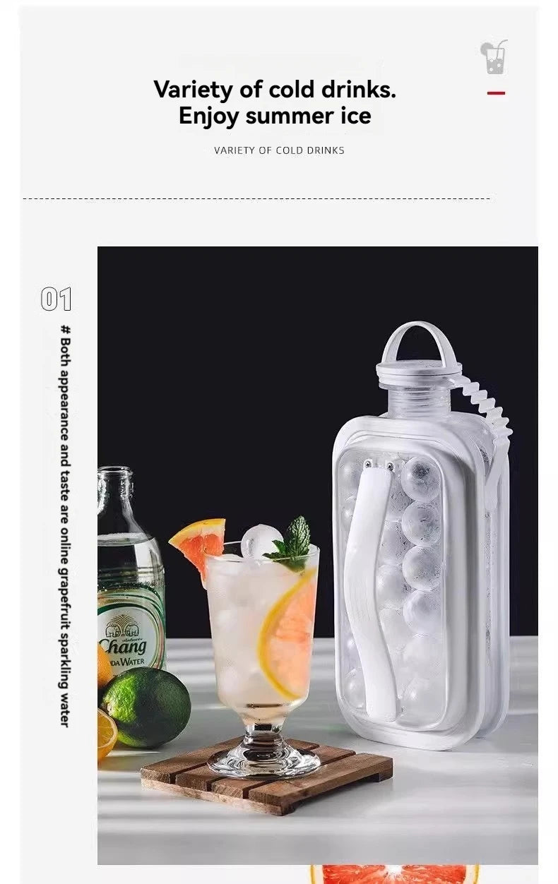 A clear plastic bottle mold is shown next to a glass of ice and a wooden tray.