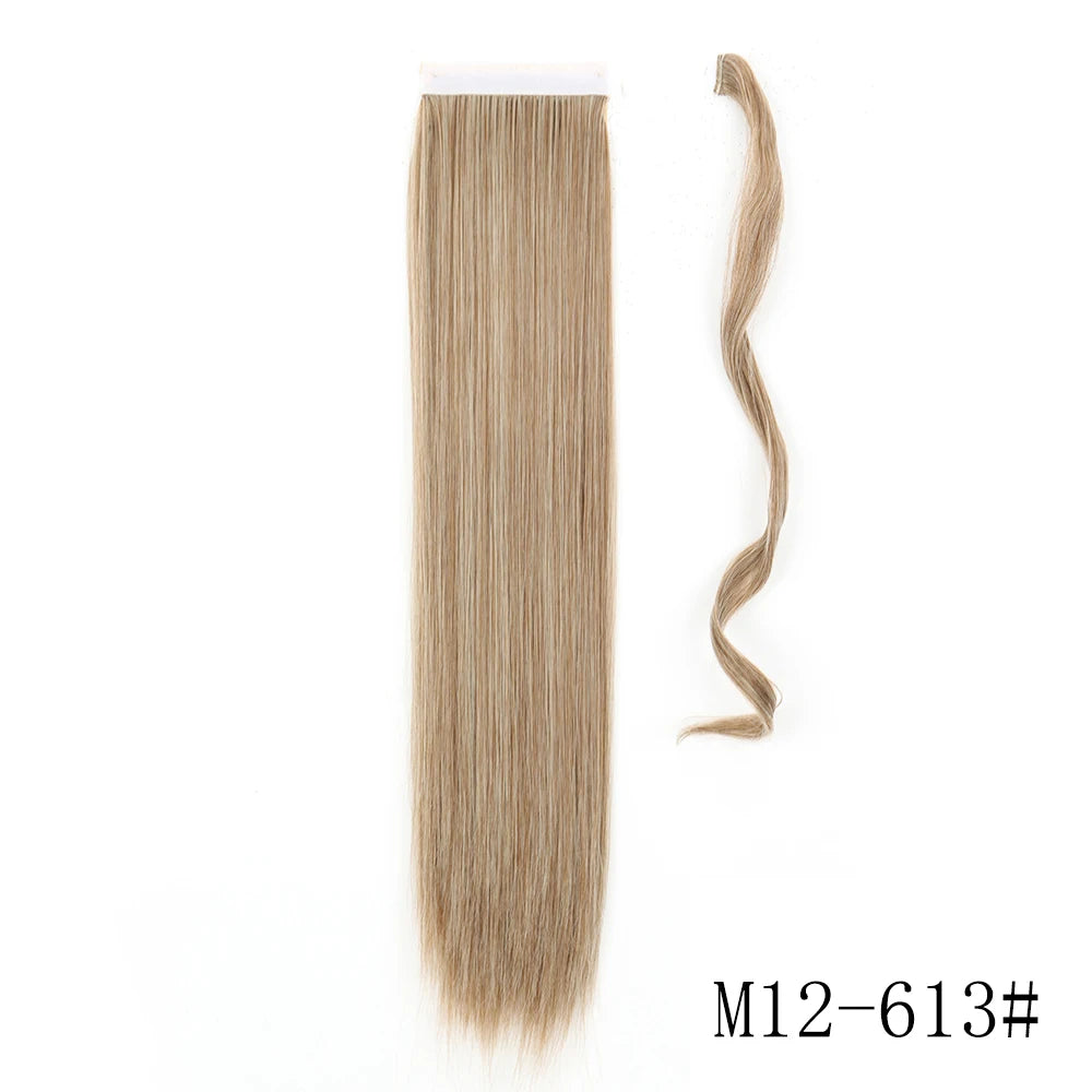 Long straight blonde hair extension in a wrap-around clip-in ponytail style
