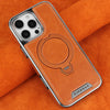 A brown leather case with a magnetic stand design for an iPhone is shown resting on an orange fabric.