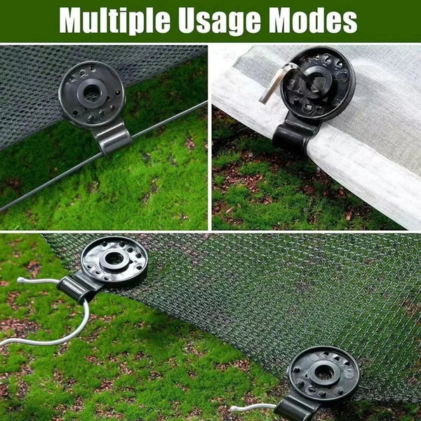 Multiple usage modes of heavy-duty plastic awning clips used for securing shade cloth and netting.