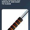 A close-up view of a telescopic window cleaning brush with foam handles, showing the black and orange grip section.
