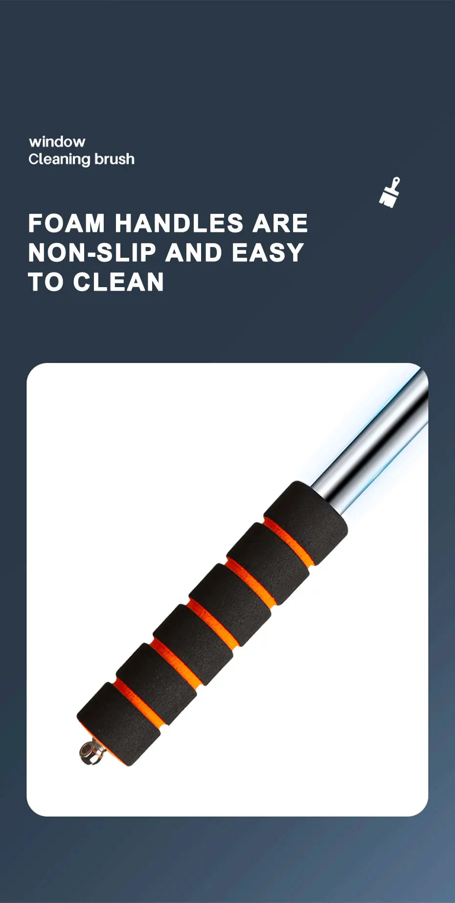 A close-up view of a telescopic window cleaning brush with foam handles, showing the black and orange grip section.