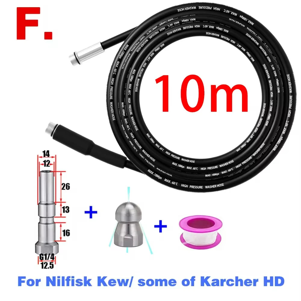 A black 10m high-pressure sewer jetting hose kit with a rotating nozzle and accessories for Nilfisk Kew or Karcher HD equipme