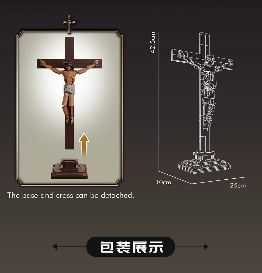 A detailed sculpture of the Passion of Christ on a wooden cross, shown with scale dimensions.