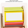 A wooden spinning drum with acrylic mirror in yellow and green colors for babies.