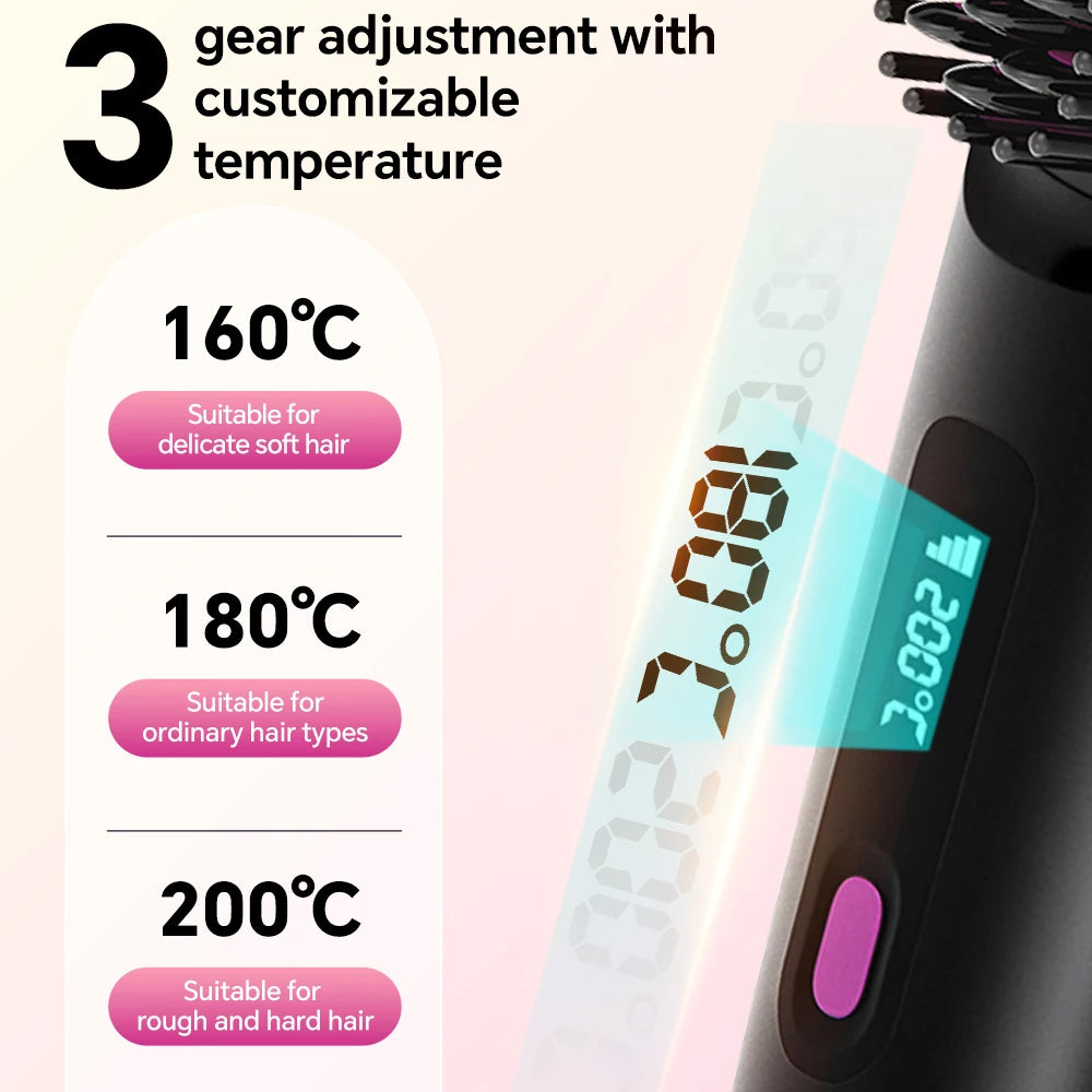 Hair straightening brush showing temperature settings 160°C, 180°C, and 200°C on an LED display
