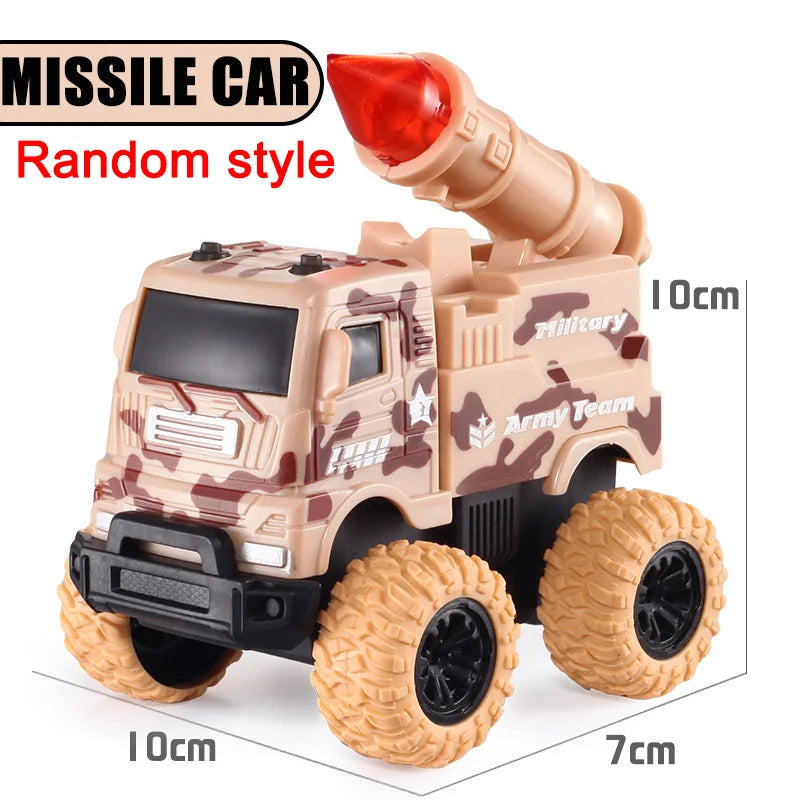 A military-style pull-back toy car with a large cannon barrel and rugged tires.