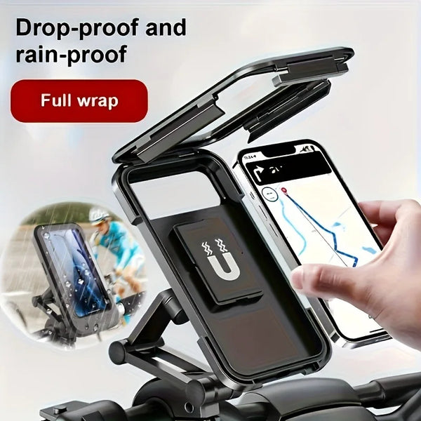 A black drop-proof and rain-proof phone mount is shown attached to a bike handlebar, with a smartphone mounted on it.