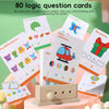 A set of 80 logic question cards with double-sided content and a wooden puzzle board for children's brain teasers