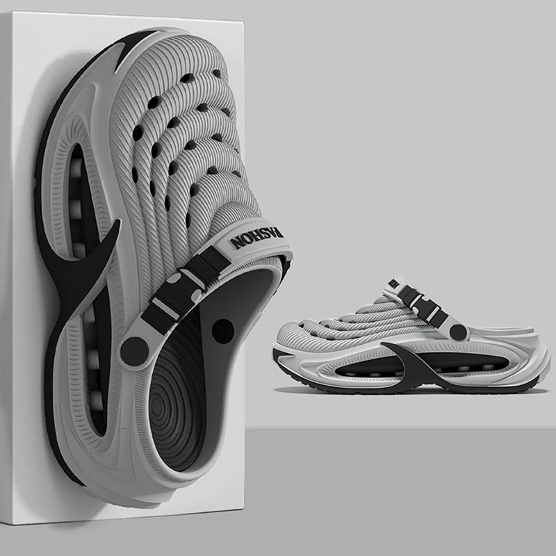 A gray men's EVA slip-on sandal with a cushioned platform sole shown from the side.