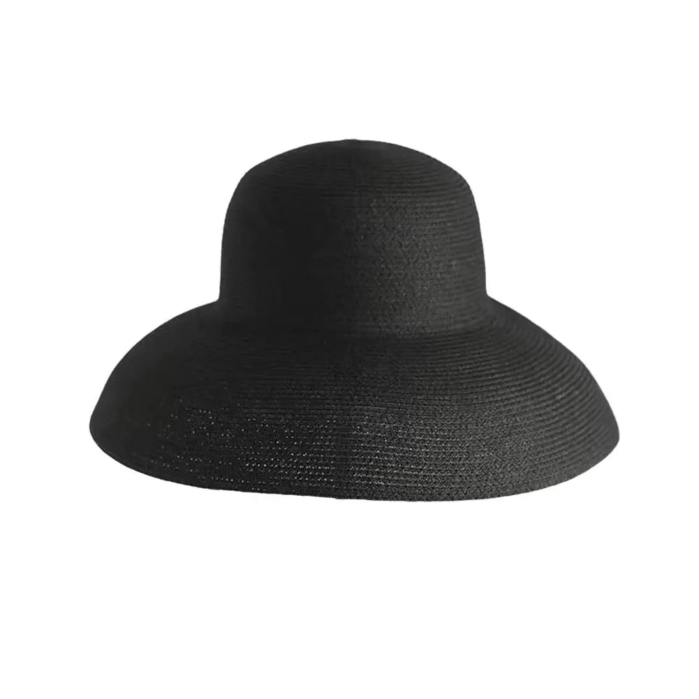 A black wide brim straw sun hat for women.