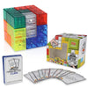 A set of colorful magnetic building cubes and extra guide cards for construction and design.