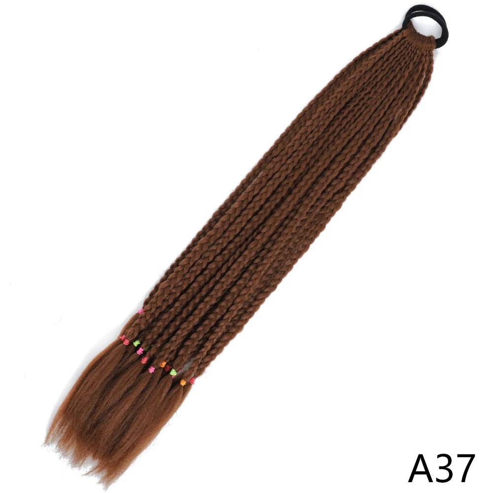 A brown pre-braided ponytail extension with an elastic band.