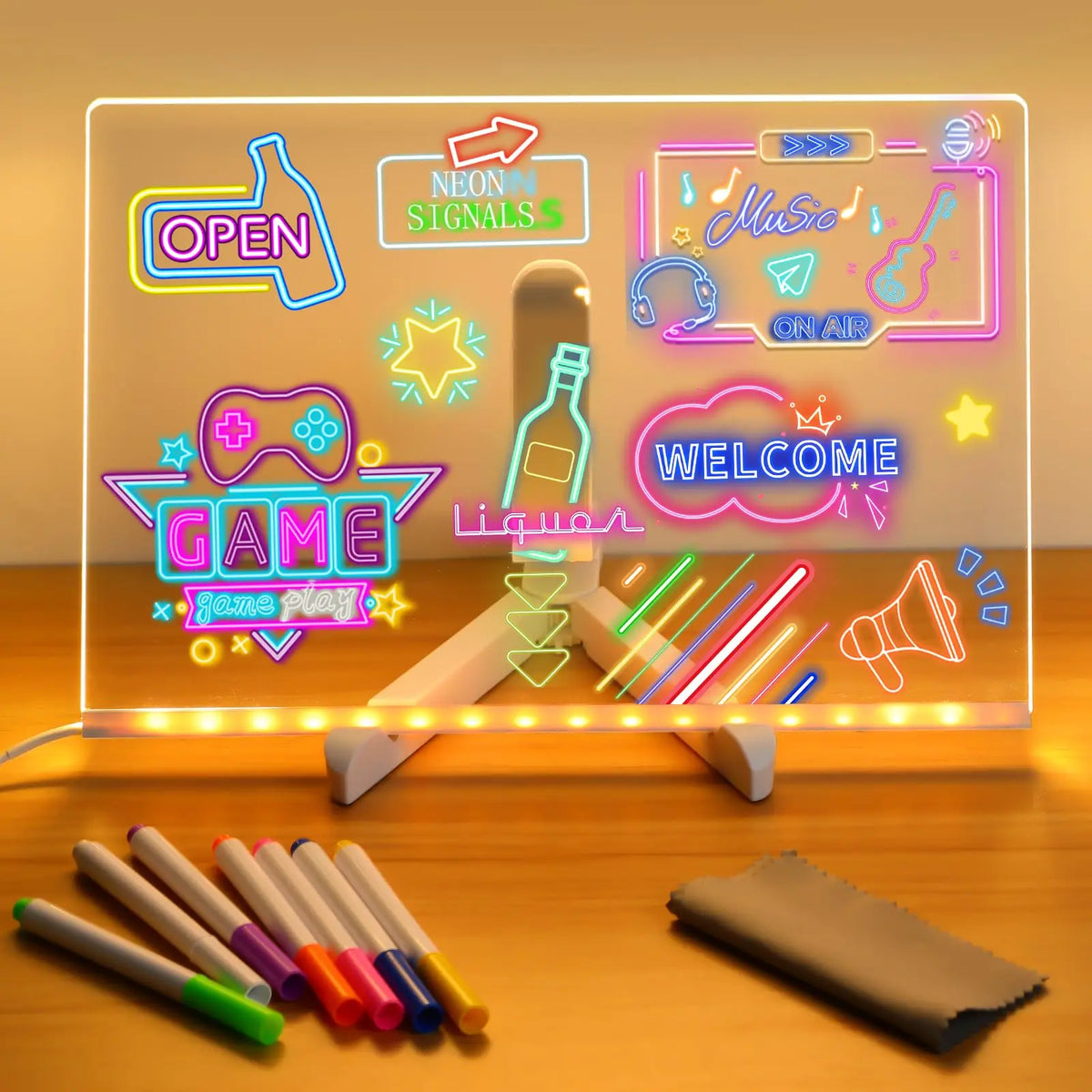 An LED glowing message board displays the word OPEN and GAME with 7 colored pens scattered in front.