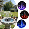 A solar floating water fountain with RGB LED lights is shown in a garden setting, featuring multiple light display options.