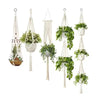 Håndlagde macrame-plantekurver til innendørs og utendørs dekorasjon med forskjellige grønne planter.