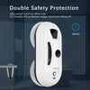 Robot limpiador de ventanas blanco con cuerda de seguridad, mostrando doble protección.
